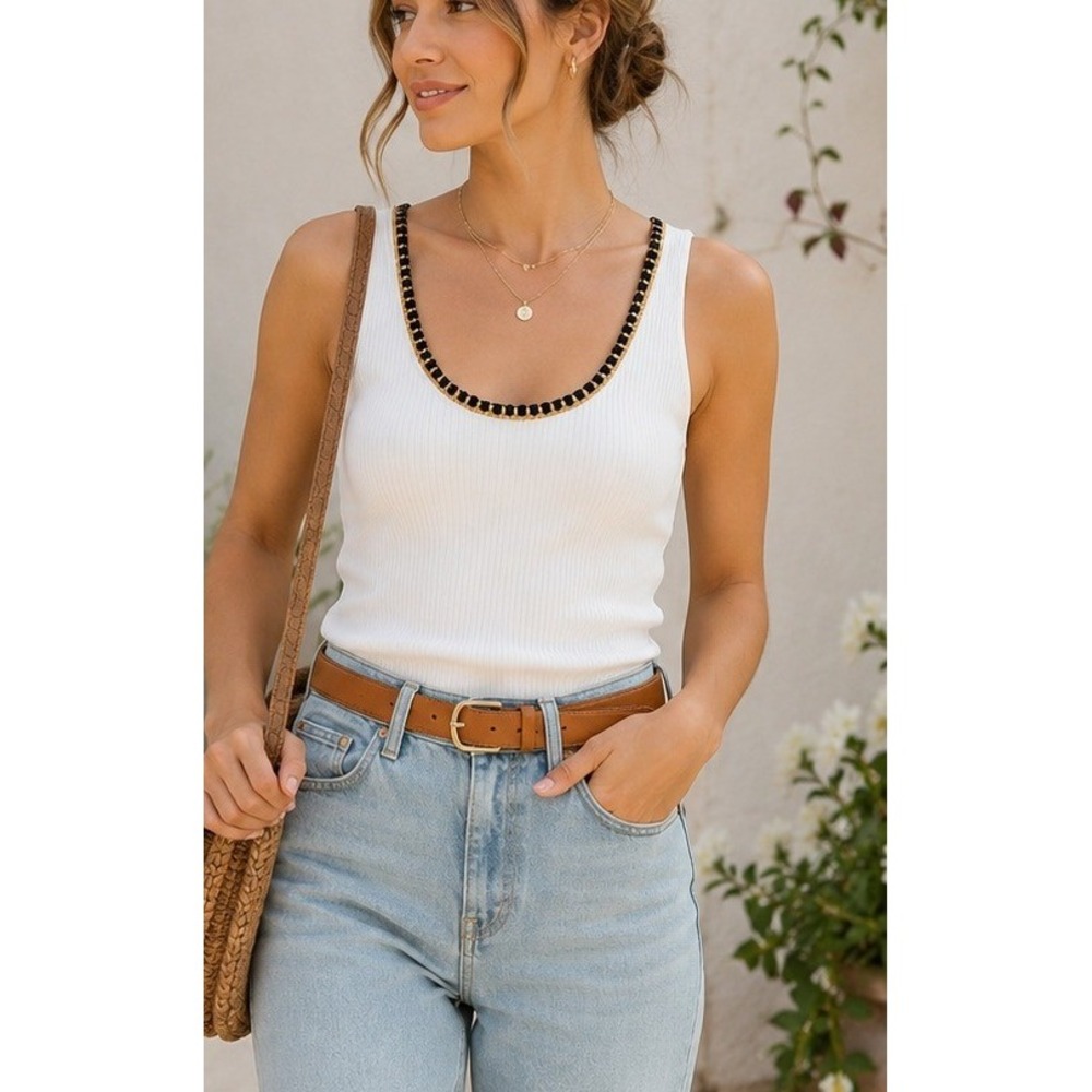 MOTF SHEIN White Ribbed Tank Top Scoop Neck Crochet Trim Metallic Gold Small NEW